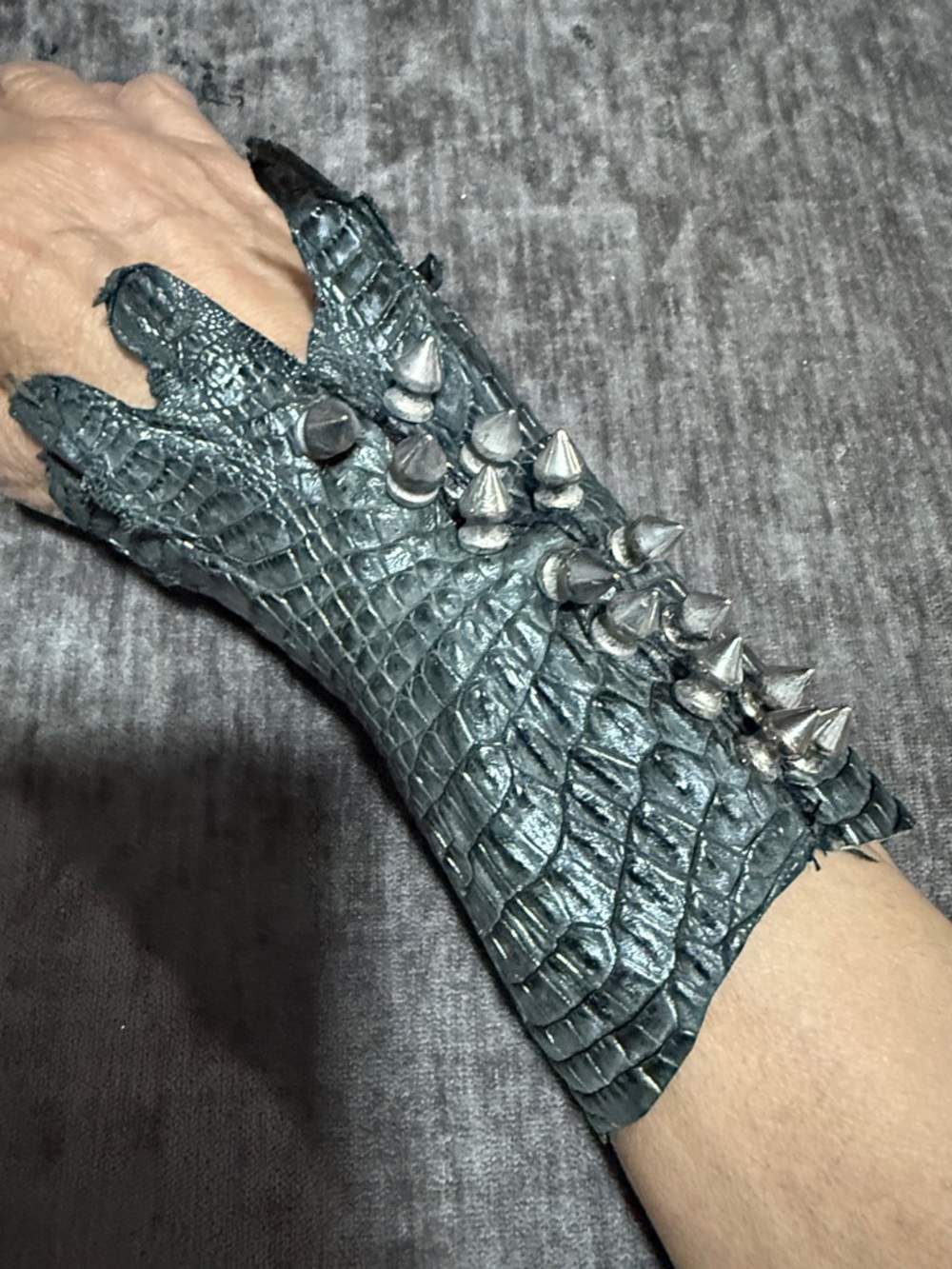 Chunky Spike Real  Croc-Bracelet in Grey,One of the kind,Hand Made.